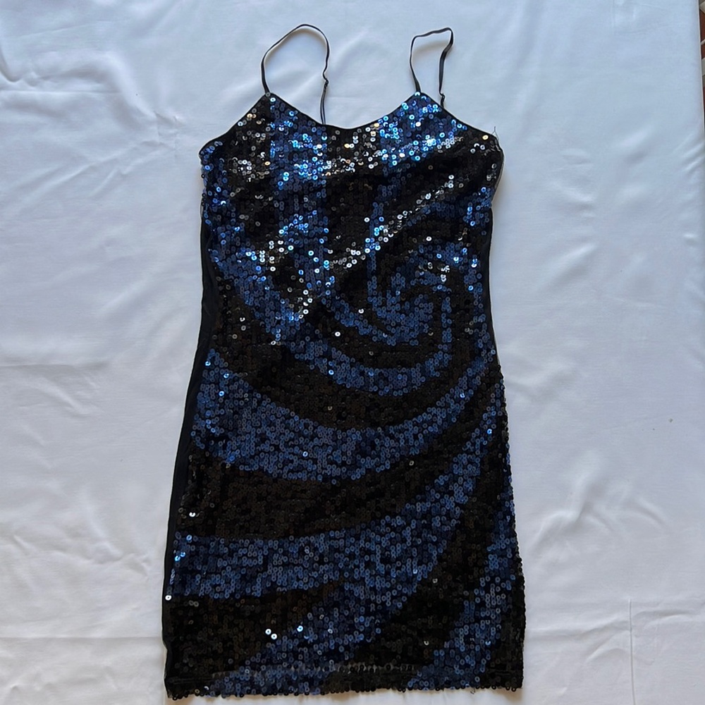 Blue and black swirl sequin mini dress with adjustable spaghetti straps